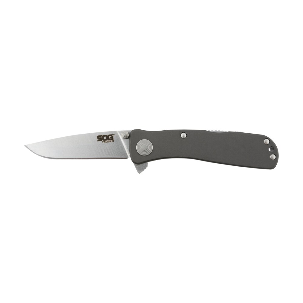 s.o.g sogtwi8cp twitch ii 2.65" folding drop point plain satin aus 8a ss blade gray anodized aluminum handle includes belt clip S.O.G SOGTWI8CP Twitch II 2.65" Folding Drop Point Plain Satin AUS-8A SS Blade Gray Anodized Sports South item 145077