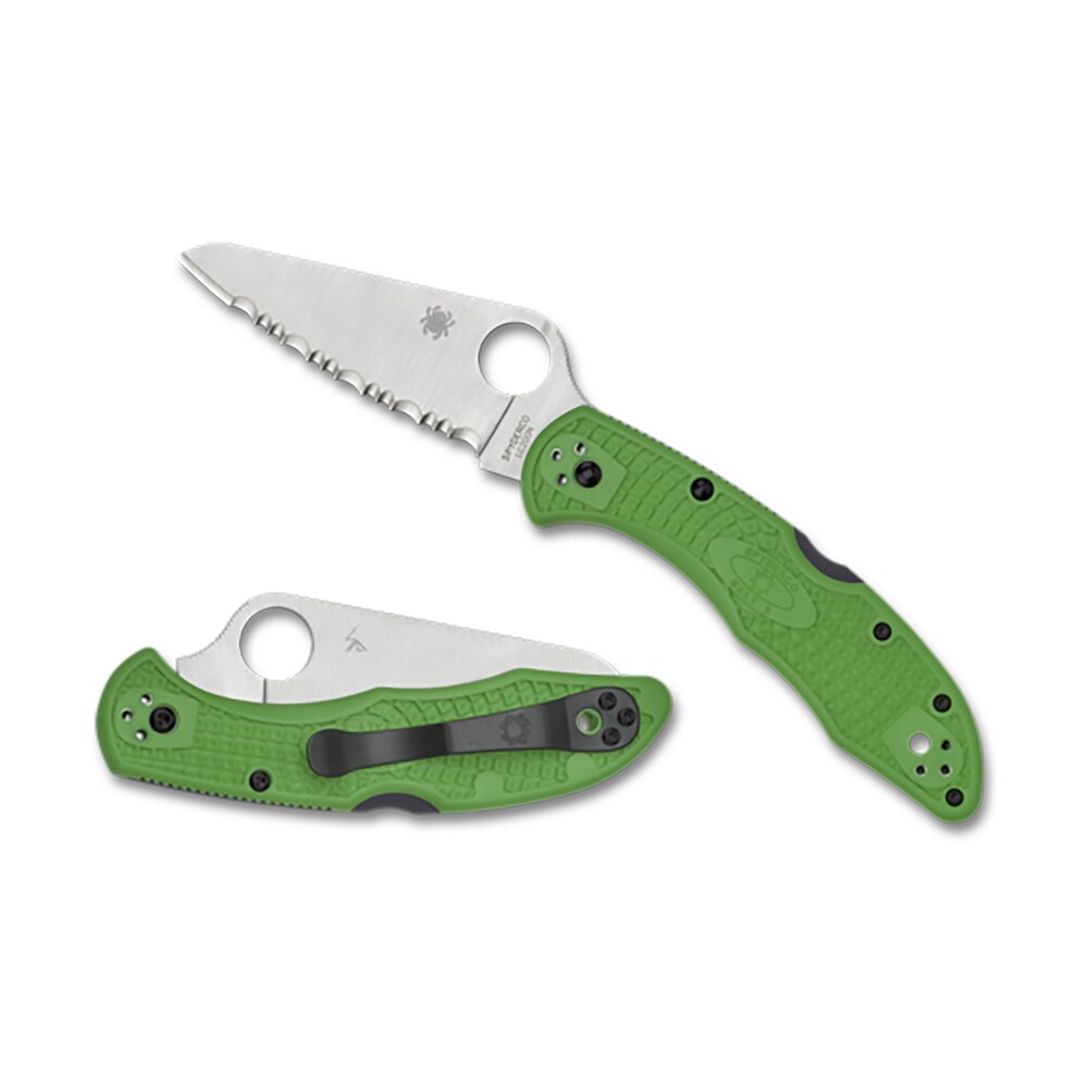 spyderco salt 2 3" folding clip point serrated h1 steel blade green bi directional texturing frn handle includes pocket clip Spyderco Salt 2 3" Folding Clip Point Serrated H1 Steel Blade Green Bi-Directional Texturing Sports South item 145193