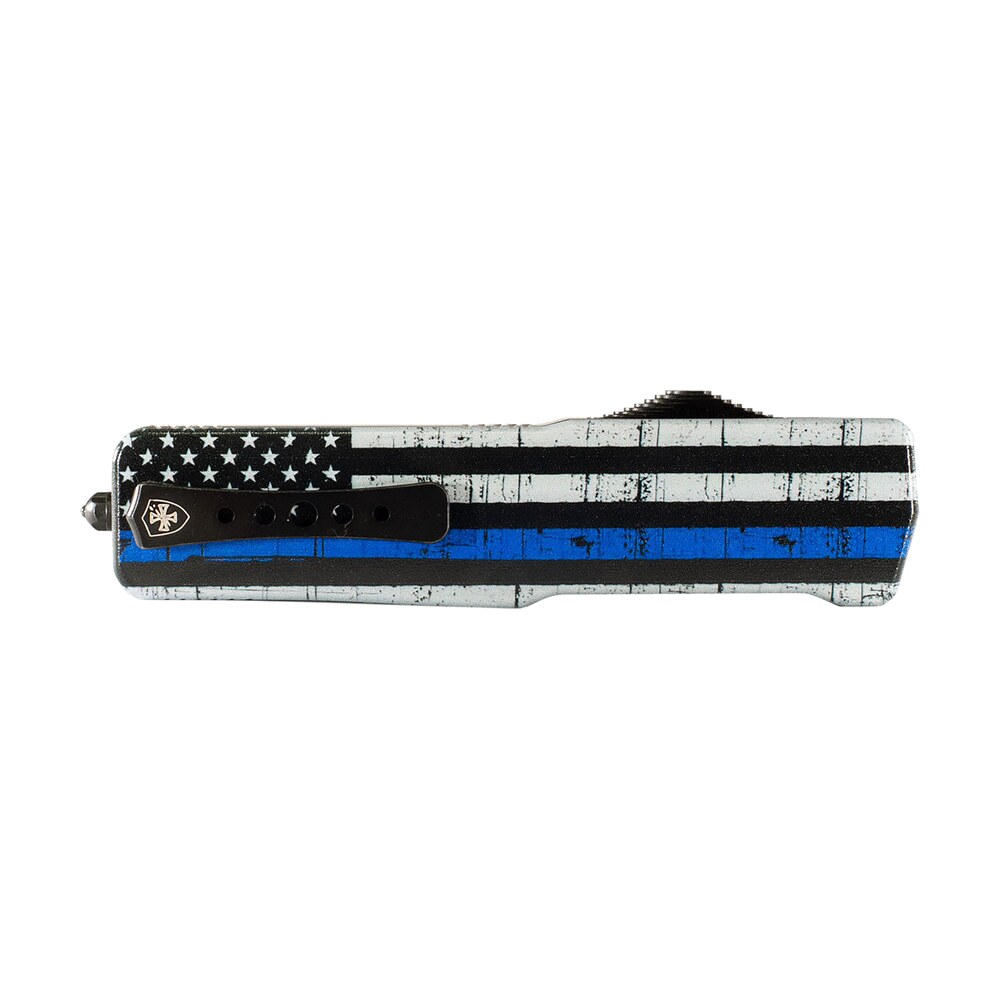 templar knife sabtb32 premium lw we back you small 3" otf drop point plain black oxide stonewashed d2 steel blade, 4.50" black & white w/blue line aluminum handle Templar Knife SABTB32 Premium LW We Back You Small 3" OTF Drop Point Plain Black Oxide Sports South item 145741