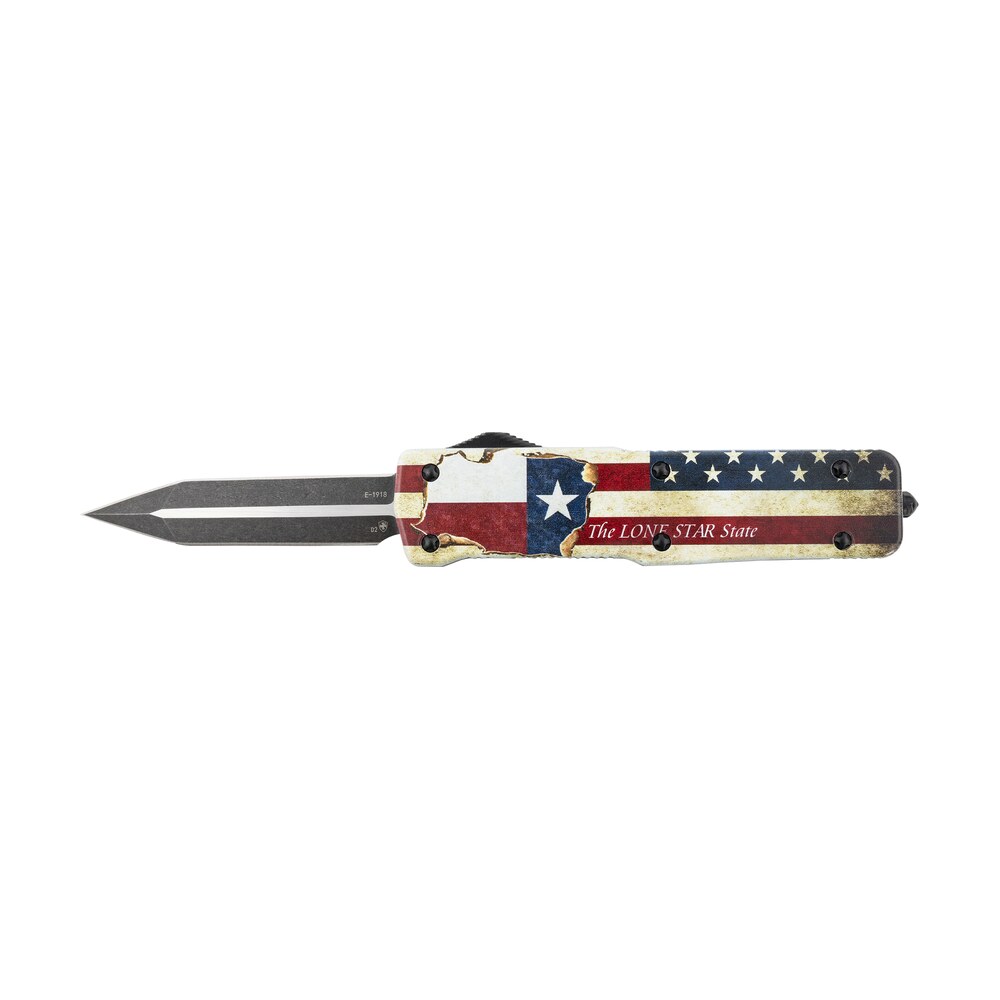 templar knife lztx121 premium weighted texan large 3.55" otf dagger plain black oxide stonewashed d2 steel blade, 5.25" red/white/blue w/"the lone star state" aluminum zinc alloy handle Templar Knife LZTX121 Premium Weighted Texan Large 3.55" OTF Dagger Plain Black Oxide Sports South item 145755