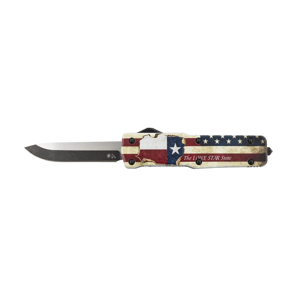 templar knife sztx321 premium weighted texan small 3" otf drop point plain black oxide stonewashed d2 steel blade, 4.50" red/white/blue w/"the lone star state" aluminum zinc alloy handle Templar Knife SZTX321 Premium Weighted Texan Small 3" OTF Drop Point Plain Black Oxide Sports South item 145757