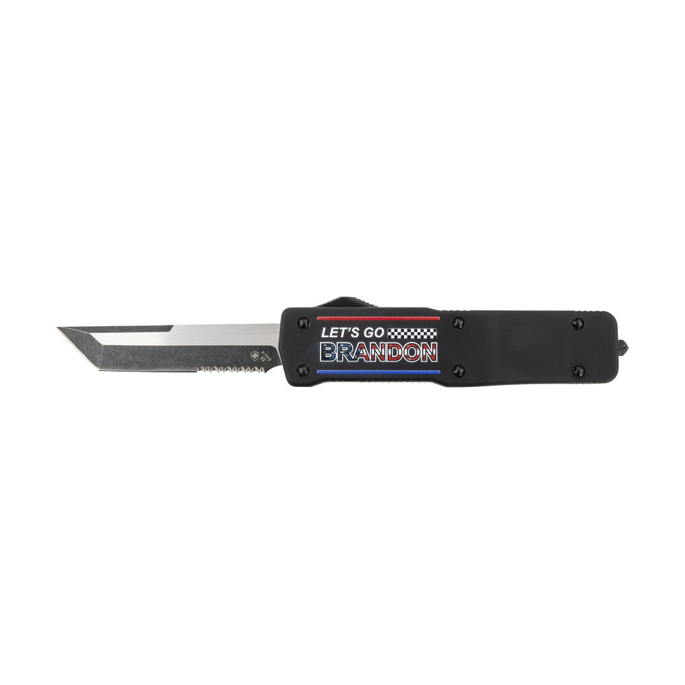 templar knife lzlgb521 premium weighted let's go brandon large 3.55" otf tanto part serrated black oxide stonewashed d2 steel blade, 5.25" black "lets go brandon" aluminum zinc alloy handle Templar Knife LZLGB521 Premium Weighted Let's Go Brandon Large 3.55" OTF Tanto Part Serrated Sports South item 145758