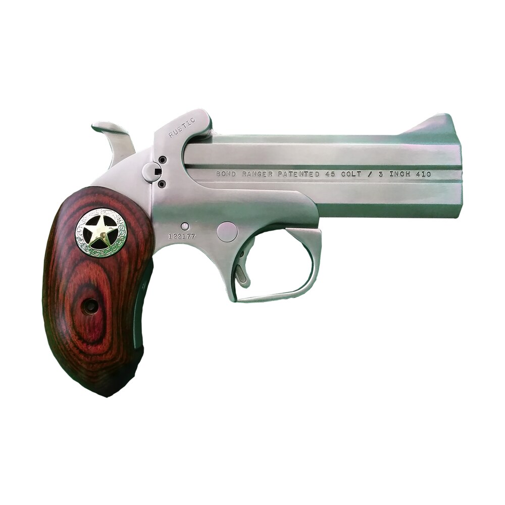 bond arms barr rustic ranger original 45 colt/410 gauge 2rd shot 4.25" matte stainless stainless stainless steel frame ext. rosewood w/ integrated star grips right hand Bond Arms BARR Rustic Ranger Original 45 Colt/410 Gauge 2rd Shot 4.25" Matte Stainless Sports South item 147338