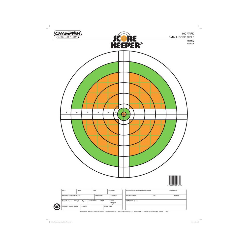 champion targets 45762 score keeper sight in bullseye paper hanging 100 yds small bore rifle fluorescent green & orange/white 12 pk Champion Targets 45762 Score Keeper Sight-In Bullseye Paper Hanging 100 yds Small Bore Rifle Sports South item 147346