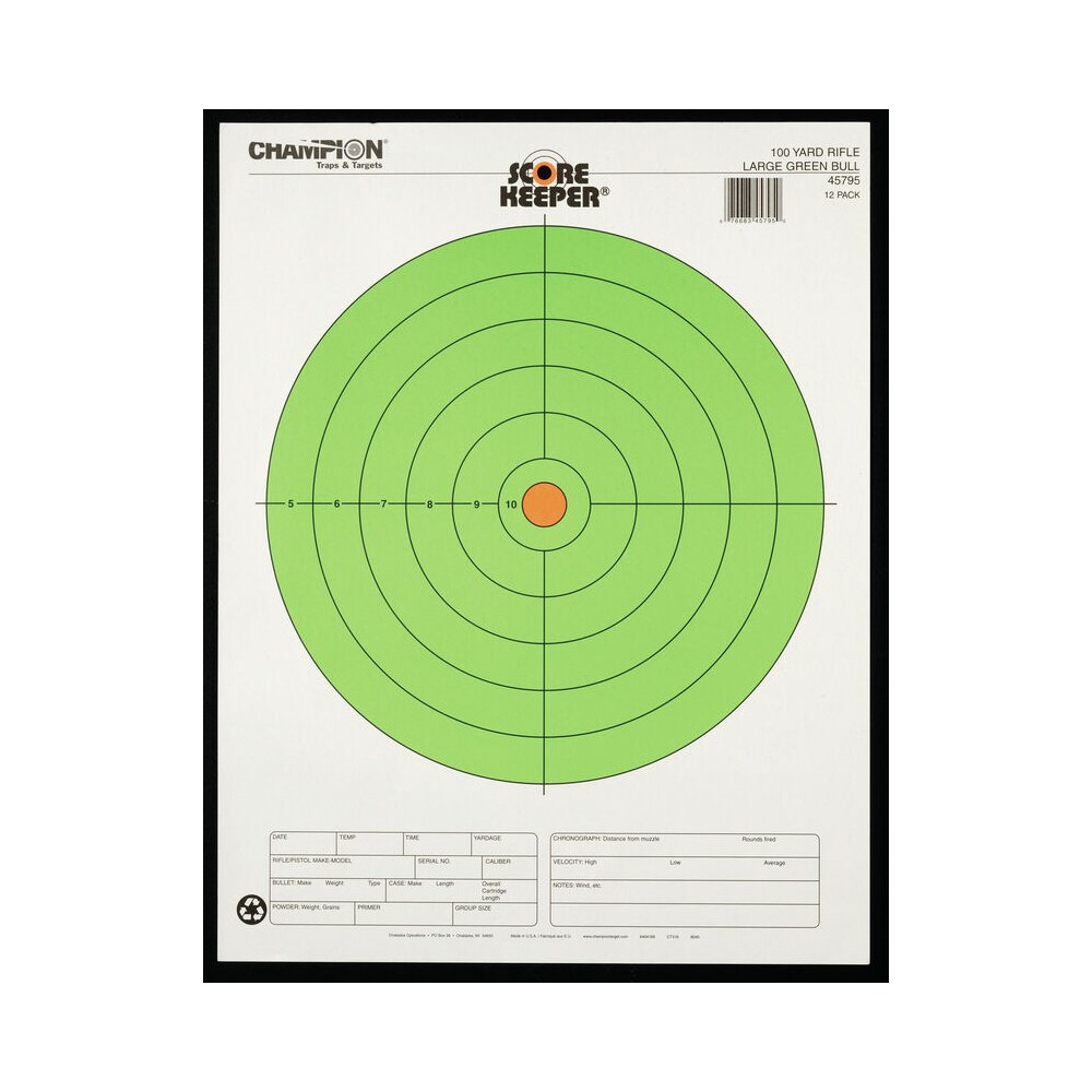 champion targets 45795 score keeper bullseye paper hanging 100 yds rifle large fluorescent green & orange 12 pk Champion Targets 45795 Score Keeper Bullseye Paper Hanging 100 yds Rifle Large Fluorescent Sports South item 147348