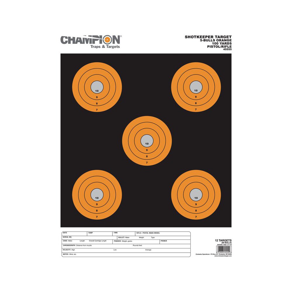 champion targets 45555 shotkeeper 5" bullseye paper 100 yds pistol/rifle large black/orange 12 pk Champion Targets 45555 Shotkeeper 5" Bullseye Paper 100 yds Pistol/Rifle Large Black/Orange 12 Sports South item 147349
