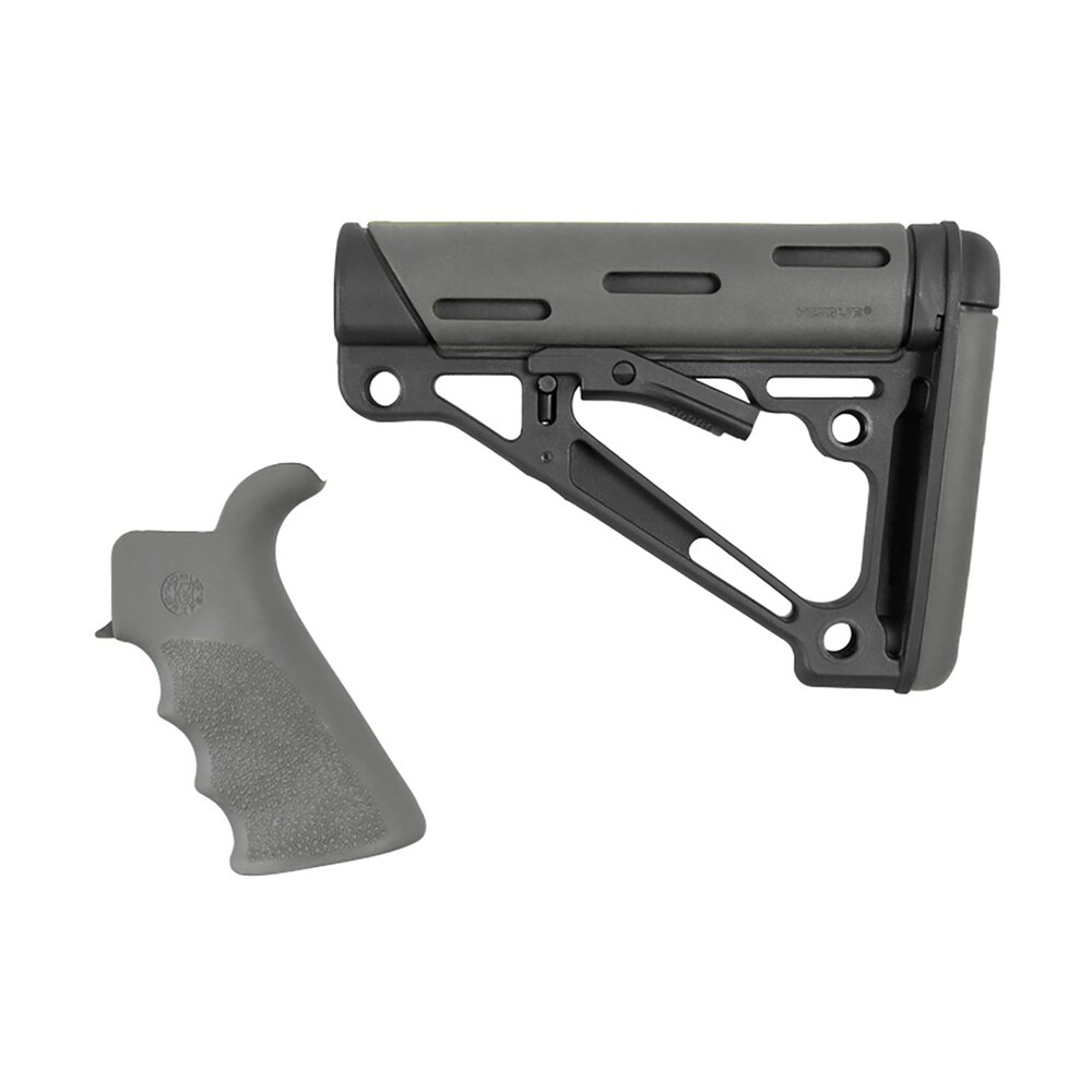hogue 15556 overmolded collapsible buttstock black synthetic & slate gray overmolded rubber stock slate gray rubber finger grooved grip for ar 15, m16 with mil spec buffer tube (tube not included) Hogue 15556 OverMolded Collapsible Buttstock Black Synthetic & Slate Gray OverMolded Rubber Sports South item 147460