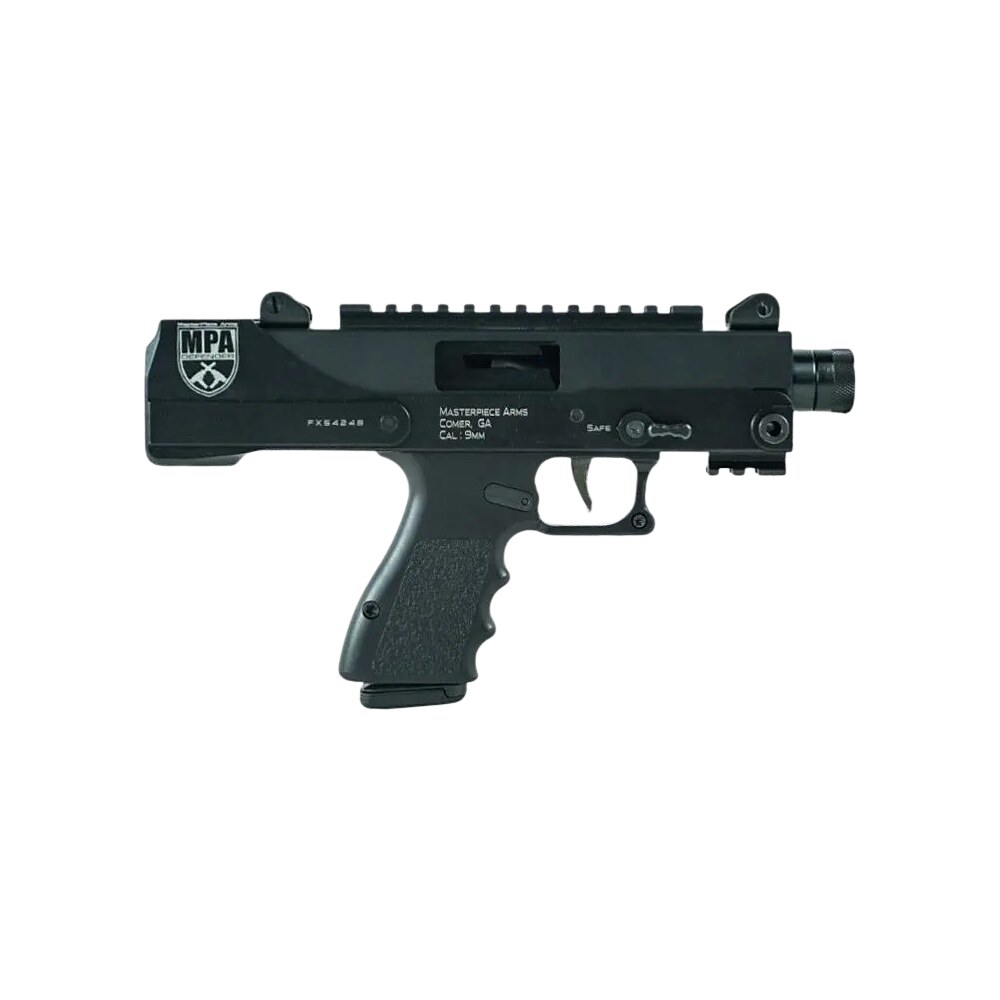 masterpiece arms 30dmgblk defender top cocking tb 9mm luger caliber with 4.50" barrel, 17+1 capacity, overall black cerakote finish, black aluminum grip right hand includes polymer case MasterPiece Arms 30DMGBLK Defender Top Cocking TB 9mm Luger Caliber Sports South item 147556