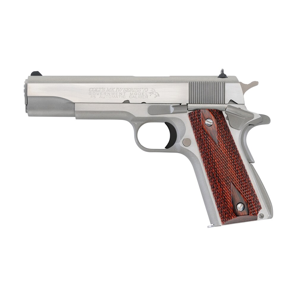 colt mfg o1070a1cs 1911 government 45 acp 8+1 5" stainless national match barrel, brushed stainless serrated slide & frame w/beavertail, double diamond checkered wood grip Colt Mfg O1070A1CS 1911 Government 45 ACP 8+1 5" Stainless National Match Sports South item 148238
