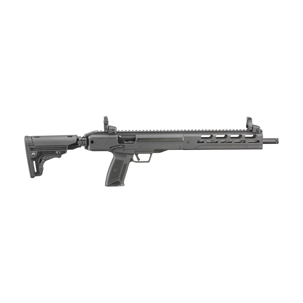 ruger 19302 lc carbine 5.7x28mm 10+1 16.25" nitride fluted barrel, black hard coat anodized finish, m lok handguard, oem flip up sights, synthetic folding adjustable stock, black polymer grip Ruger 19302 LC Carbine 5.7x28mm 10+1 16.25" Nitride Fluted Sports South item 148653