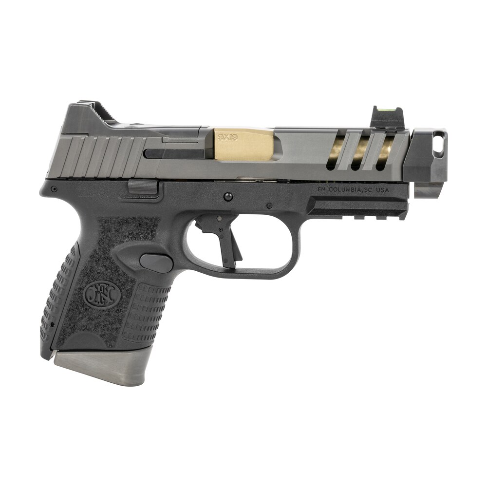 fn 66101350 509 cc edge 9mm luger 10+1 (3) 4.20" threaded gold barrel, black frame, graphite optic & lightening cut slide, optic height fiber optic sights, compensator (no manual) FN 66101350 509 CC Edge 9mm Luger 10+1 (3) 4.20" Threaded Gold Sports South item 148697