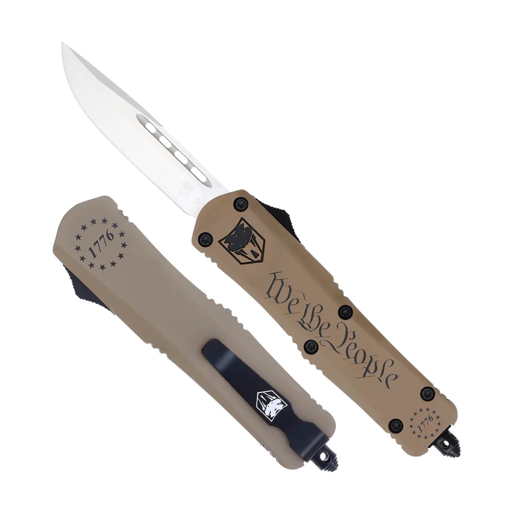 cobratec knives swtpfs3dns fs 3 we the people small 2.75" otf drop point plain aluminum cerakoted d2 steel blade, tan "we the people" aluminum handle CobraTec Knives SWTPFS3DNS FS-3 We The People Small 2.75" OTF Drop Point Plain Aluminum Sports South item 149055