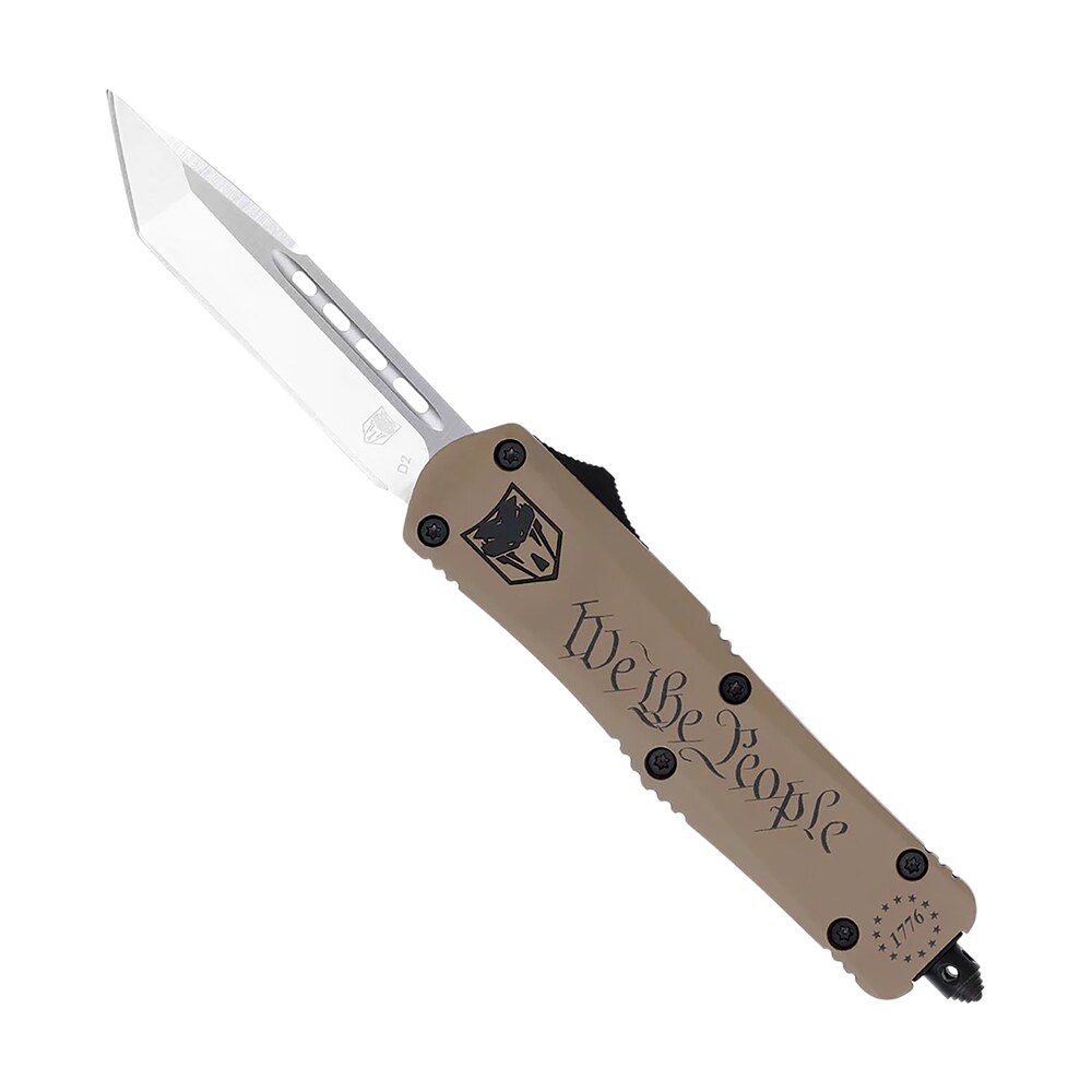 cobratec knives swtpfs3tns fs 3 we the people small 2.75" otf tanto plain aluminum cerakoted d2 steel blade, tan "we the people" aluminum handle CobraTec Knives SWTPFS3TNS FS-3 We The People Small 2.75" OTF Tanto Plain Aluminum Cerakoted D2 Sports South item 149056