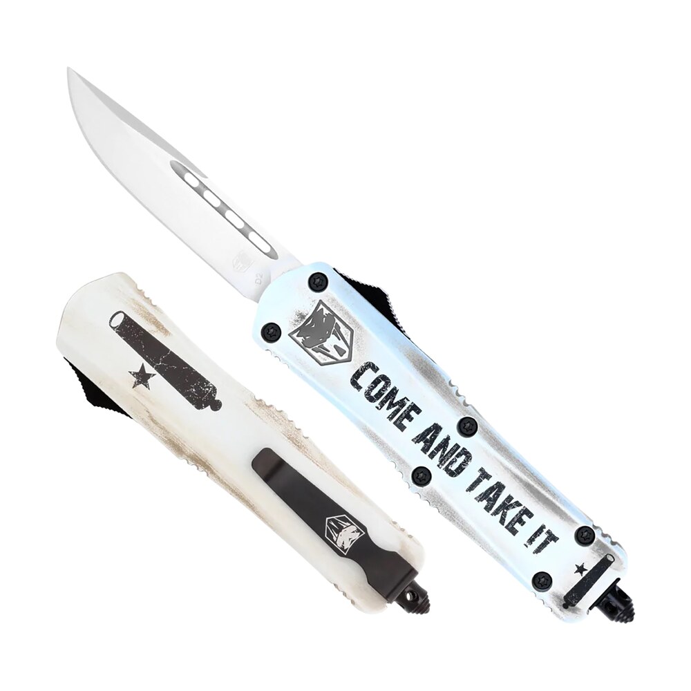 cobratec knives scatifs3dns fs 3 come and take it small 3" otf drop point plain d2 steel blade 4.50" white "come and take it" aluminum cerakoted handle includes glass breaker/pocket clip CobraTec Knives SCATIFS3DNS FS-3 Come And Take It Small 3" OTF Drop Point Plain D2 Steel Blade Sports South item 149057
