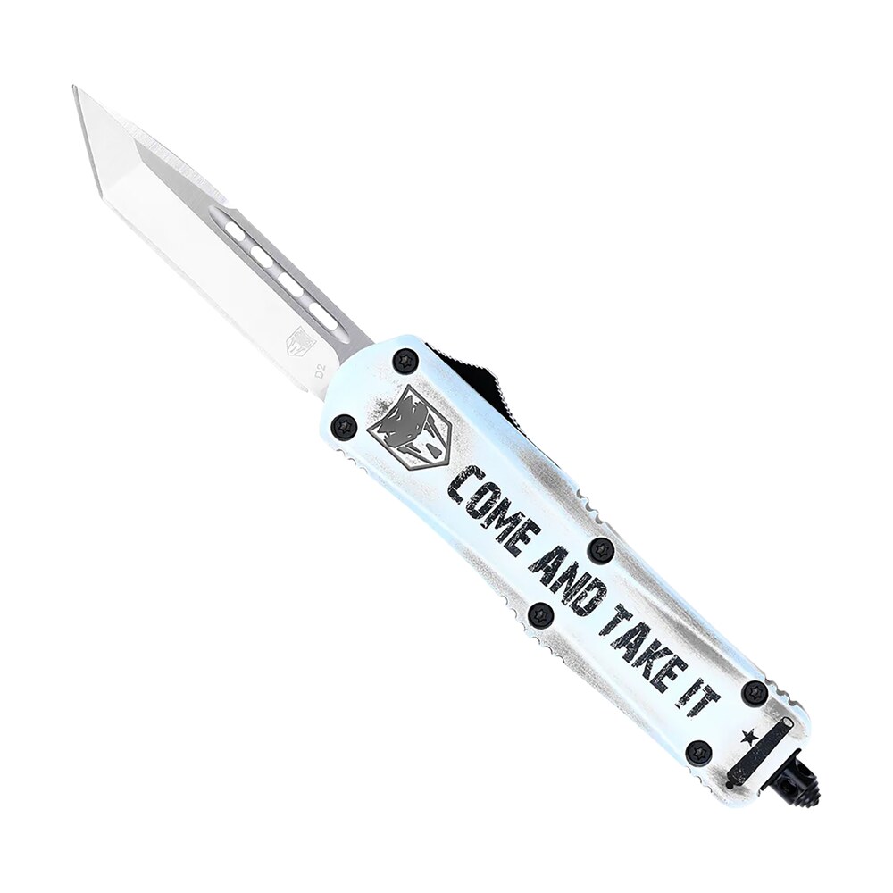 cobratec knives scatifs3tns fs 3 come and take it small 3" otf tanto plain satin d2 steel blade, 4.50" white "come and take it" aluminum cerakoted handle CobraTec Knives SCATIFS3TNS FS-3 Come And Take It Small 3" OTF Tanto Plain Satin D2 Steel Sports South item 149058