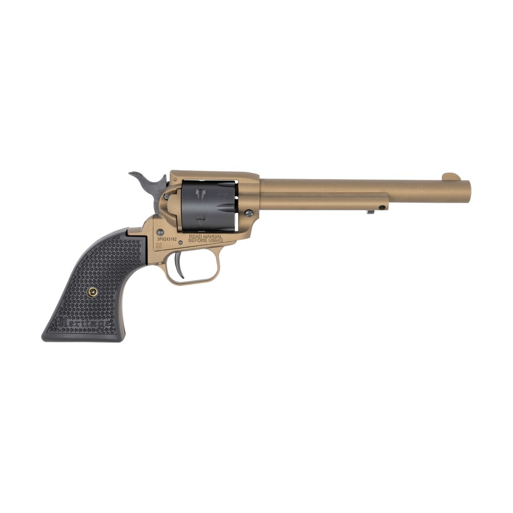 heritage mfg rr22a6 rough rider 22 lr 6 shot, 6.50" burnt bronze cerakote steel barrel, black satin cylinder burnt bronze cerakote steel, black textured polymer grips Heritage Mfg RR22A6 Rough Rider 22 LR 6 Shot, 6.50" Burnt Bronze Cerakote Steel Sports South item 149097