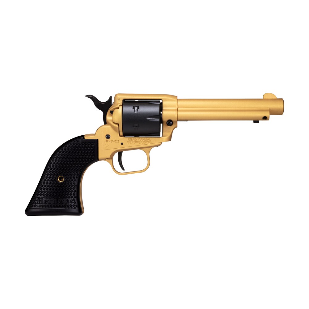 heritage mfg rr22s4 rough rider 22 lr 6 shot 4.75" gold cerakote steel barrel & frame, black satin cylinder, black polymer grips features black accents Heritage Mfg RR22S4 Rough Rider 22 LR 6 Shot 4.75" Gold Cerakote Steel Barrel & Sports South item 149100