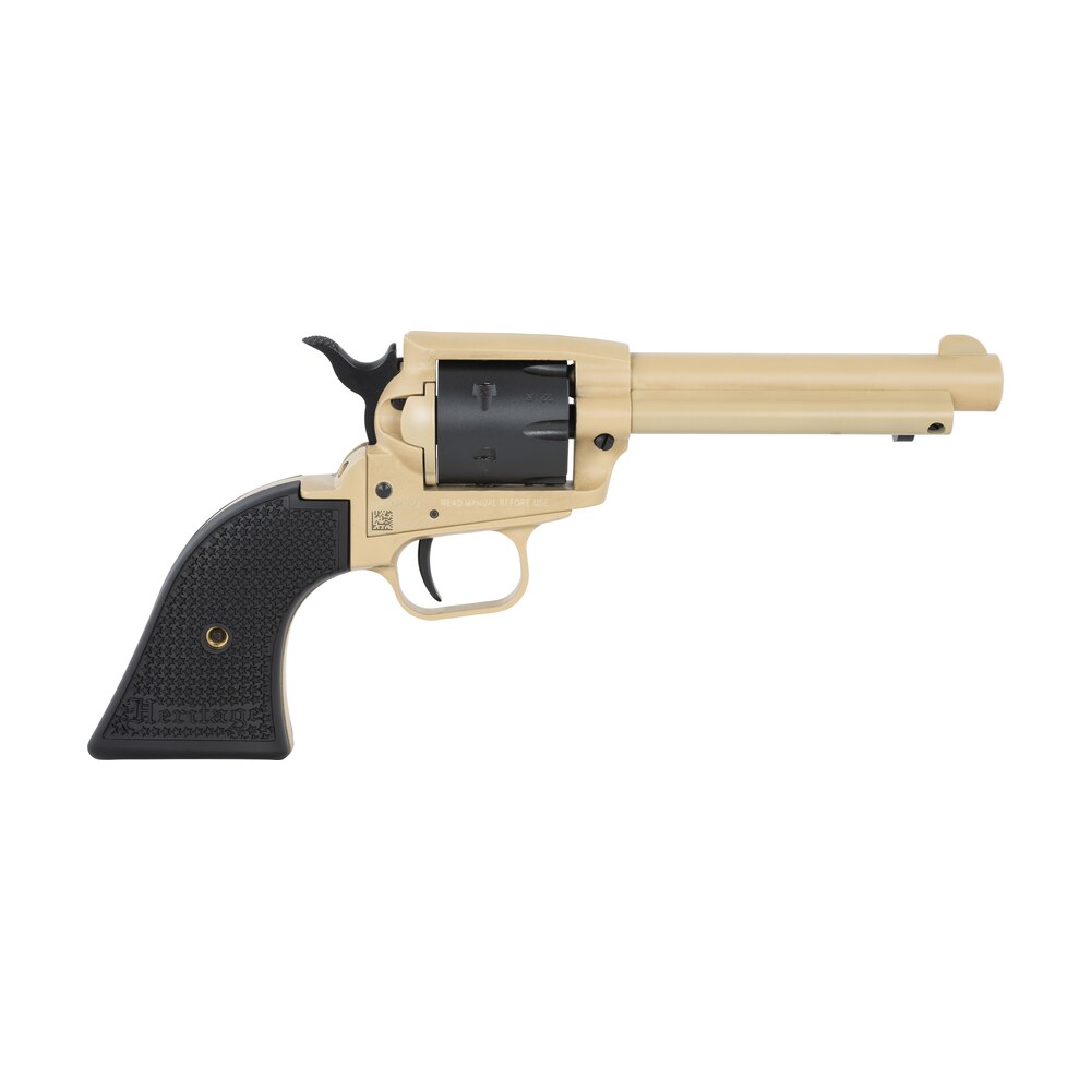 heritage mfg srr22v4 rough rider 22 lr 6 shot 4.75" sabre sand cerakote steel barrel, sabre sand cerakote steel frame, black satin cylinder, black polymer grip, hammer/thumb safety, exposed hammer Heritage Mfg SRR22V4 Rough Rider 22 LR 6 Shot 4.75" Sabre Sand Cerakote Steel Sports South item 149108