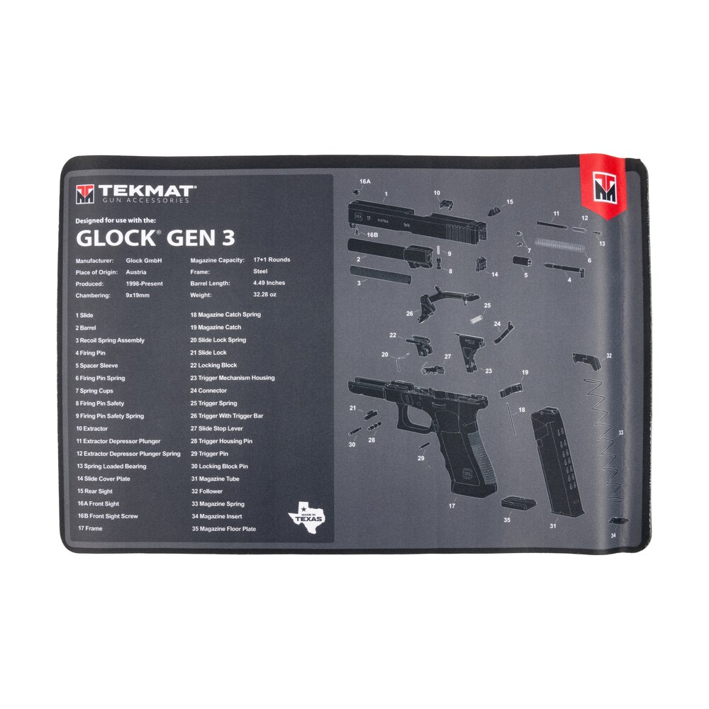 tekmat tekr17glockg3 glock gen 3 black/white rubber 11"x17" glock gen3 parts diagram TekMat TEKR17GLOCKG3 Glock Gen 3 Black/White Rubber 11"x17" Glock Gen3 Parts Diagram Sports South item 149274