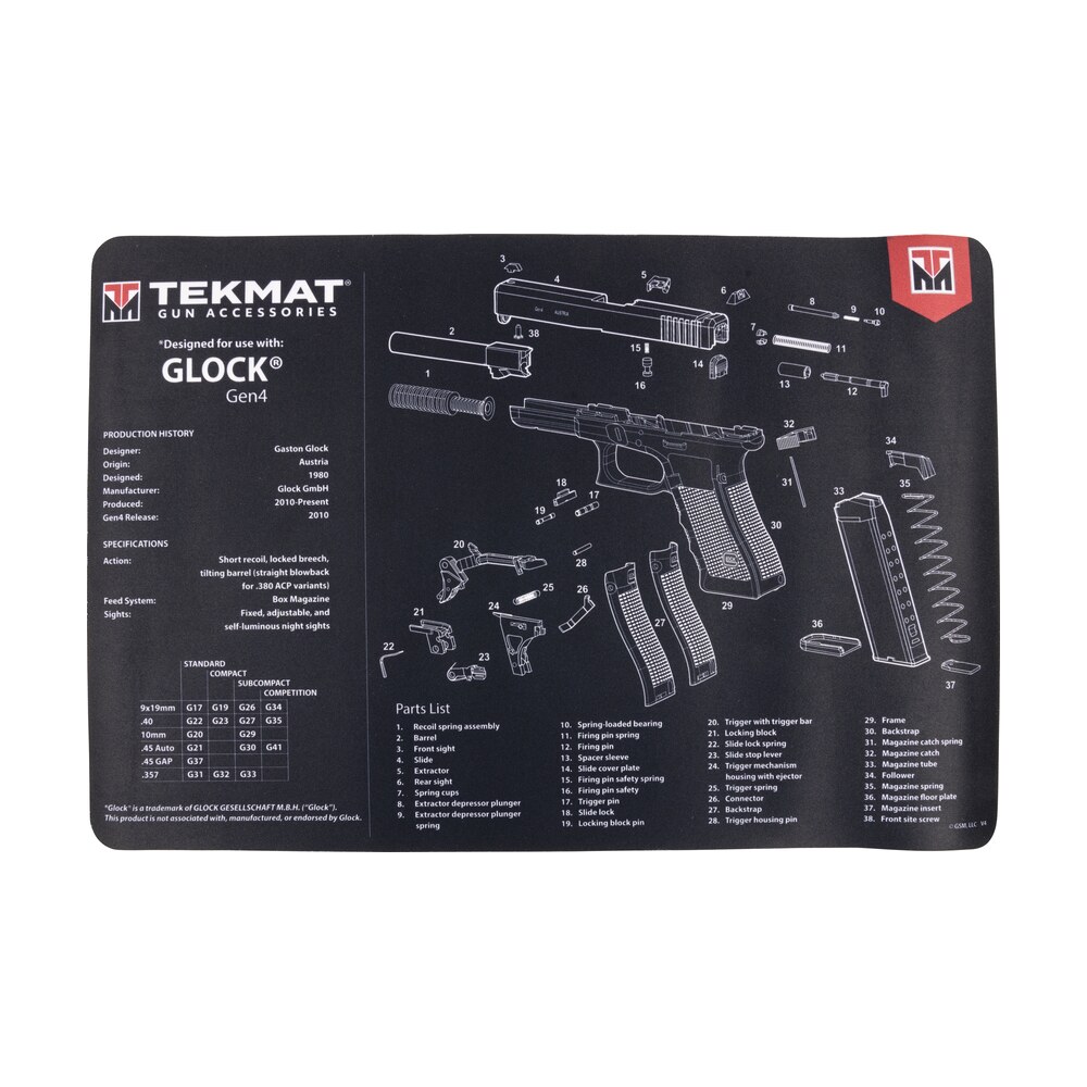 tekmat tekr17glockg4 glock gen4 cleaning mat black/white rubber 11"x17" glock gen4 parts diagram TekMat TEKR17GLOCKG4 Glock Gen4 Cleaning Mat Black/White Rubber 11"x17" Glock Gen4 Parts Sports South item 149275