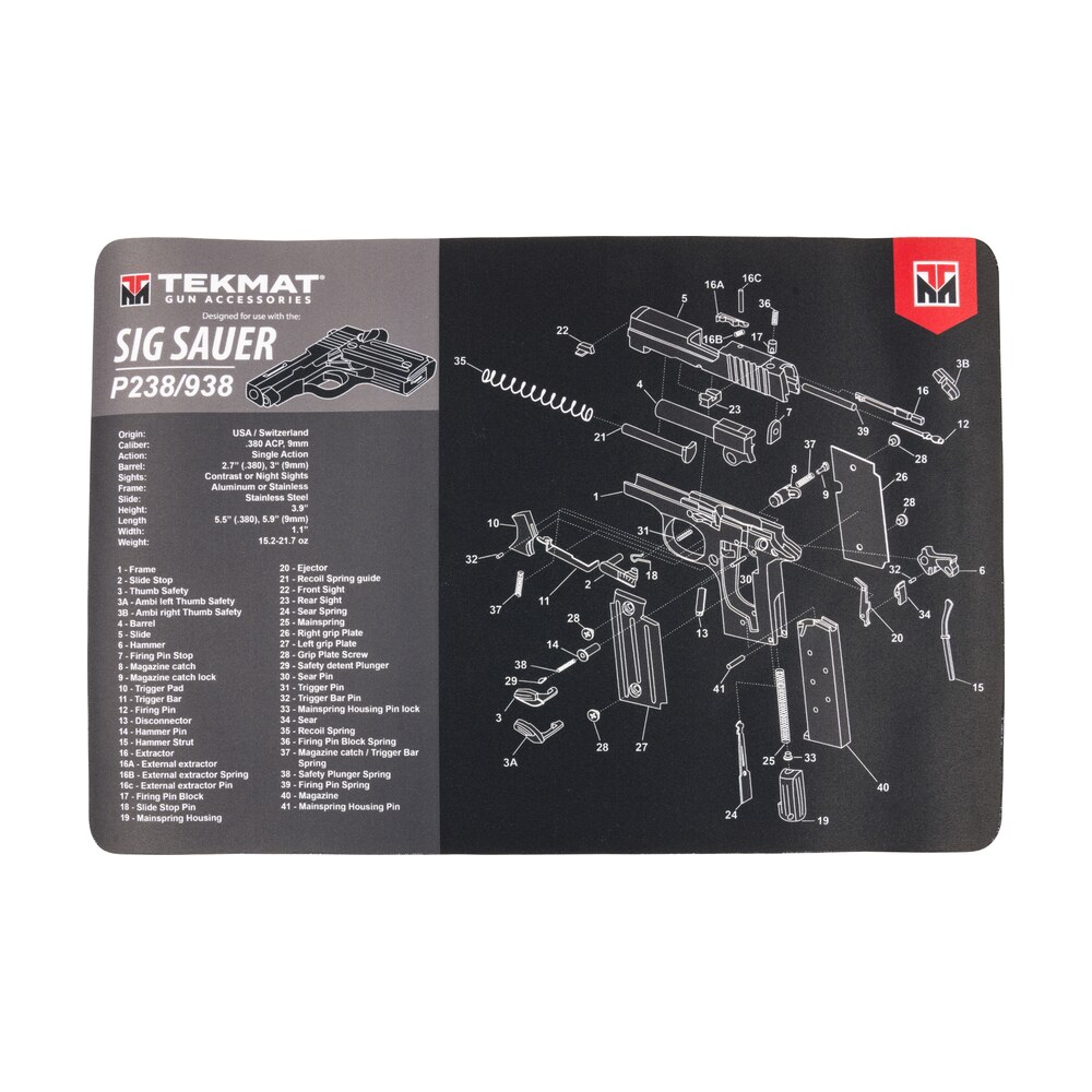 tekmat tekr17sigp238 sig sauer p238 cleaning mat black/gray rubber 11"x17" sig p238 parts diagram TekMat TEKR17SIGP238 Sig Sauer P238 Cleaning Mat Black/Gray Rubber 11"x17" Sig P238 Parts Sports South item 149278