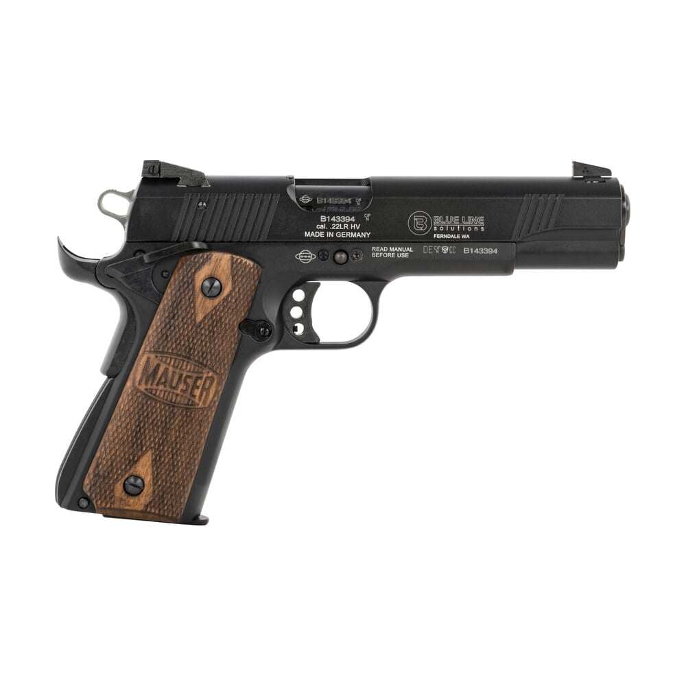 mauser rimfire 4110605 1911 22 lr 10+1 5" black steel barrel, black aluminum slide, black aluminum frame w/beavertail, walnut grip, ambidextrous Mauser Rimfire 4110605 1911 22 LR 10+1 5" Black Steel Sports South item 149614