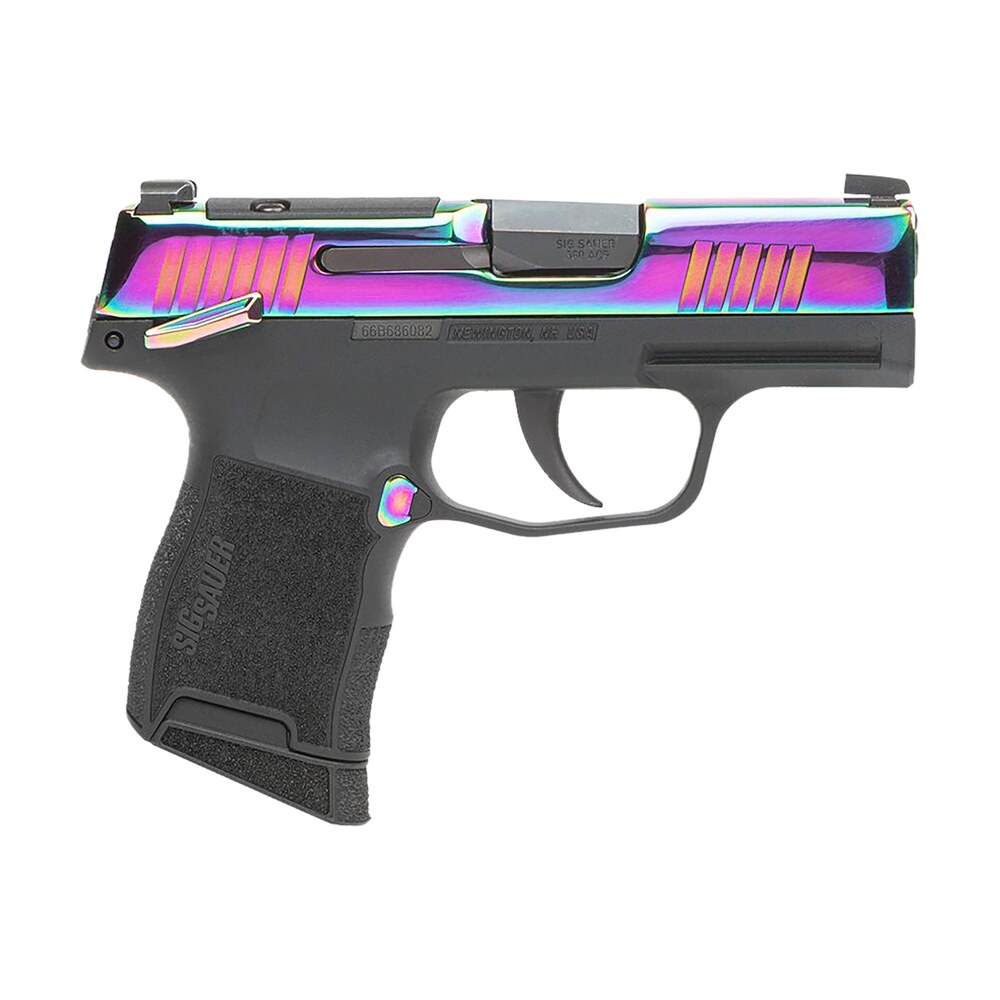 sig sauer 365380rbtms p365 micro compact 380 acp 10+1 3.10" black carbon steel barrel, rainbow titanium optic ready/serrated slide, black steel frame w/rainbow accents, black polymer grips Sig Sauer 365380RBTMS P365 Micro-Compact 380 ACP 10+1 3.10" Black Carbon Steel Sports South item 150130