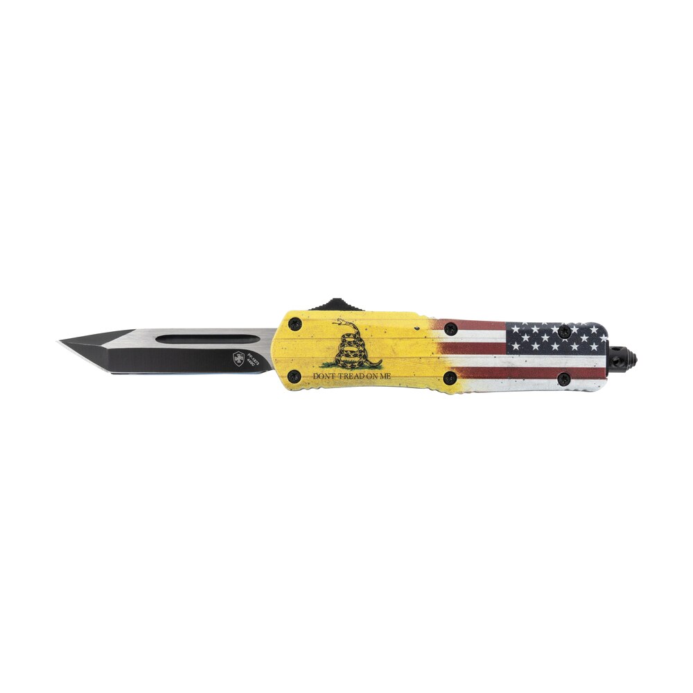 templar knife s dtom 23 1 gen ii don't tread on me small 2.69" otf plain black oxide 440c ss blade, 4.25" yellow w/flag & "don't tread on me" aluminum handle, glass breaker Templar Knife S-DTOM-23-1 Gen II Don't Tread On Me Small 2.69" OTF Plain Black Oxide 440C SS Sports South item 150212