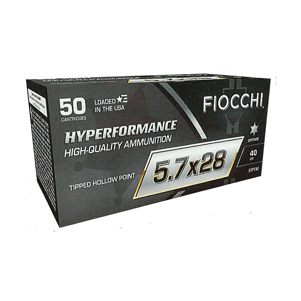 fiocchi 57pt40 hyperformance 5.7x28mm 40gr tipped hollow point 50 per box/10 case Fiocchi 57PT40 Hyperformance 5.7x28mm 40gr Tipped Hollow Point 50 Per Box/10 Case Sports South item 150215