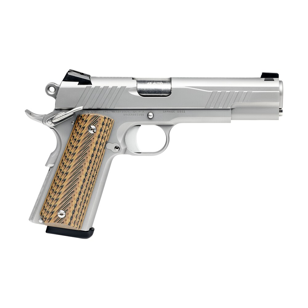 savage arms 67202 1911 government 45 acp 8+1 5" stainless steel target crown barrel, stainless steel serrated slide, matte stainless steel frame w/beavertail, ambidextrous Savage Arms 67202 1911 Government 45 ACP 8+1 5" Stainless Steel Target Crown Sports South item 150556