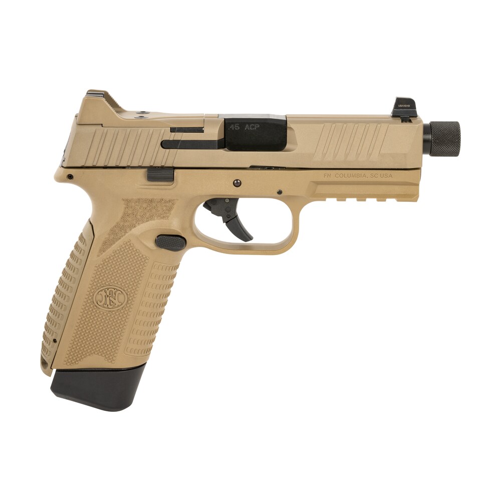 fn 66101386 545 tactical 45 acp 10+1 4.71" black target crown/threaded steel barrel, flat dark earth pvd optic cut/serrated slide & polymer frame w/picatinny rail, ambidextrous FN 66101386 545 Tactical 45 ACP 10+1 4.71" Black Target Crown/Threaded Steel Sports South item 151362
