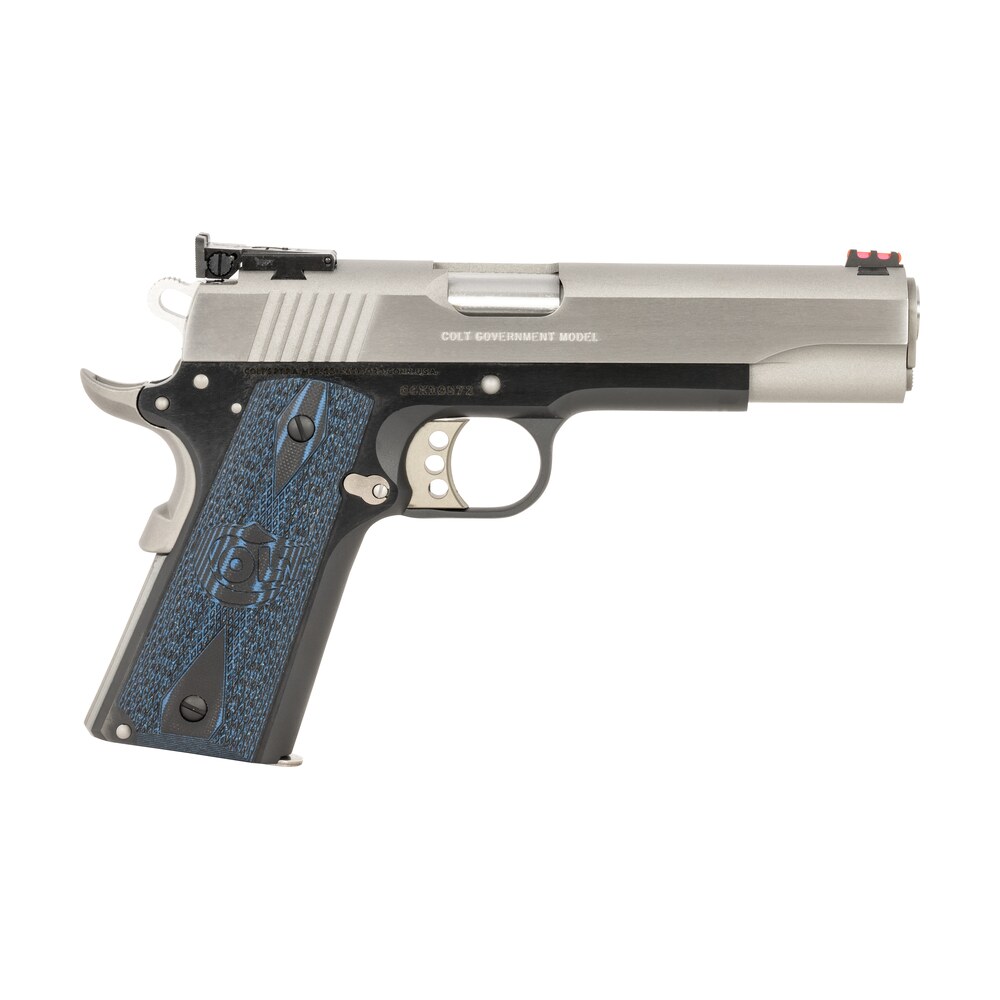colt mfg o5970gcltt gold cup lite 45 acp 8+1 5" stainless national match barrel, brushed stainless serrated slide, black/stainless stainless steel frame w/beavertail, blue scalloped checkered g10 grip Colt Mfg O5970GCLTT Gold Cup Lite 45 ACP 8+1 5" Stainless National Match Sports South item 151734