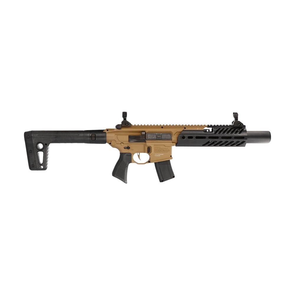 sig sauer airguns airmcxcanebrake mcx canebrake air co2 (not included) 177 pellet 30rd, fde metal rec, removable fixed black synthetic stock, flat trigger, flip up sights Sig Sauer Airguns AIRMCXCANEBRAKE MCX Canebrake Air CO2 (Not Included) 177 Pellet 30rd, FDE Sports South item 152188