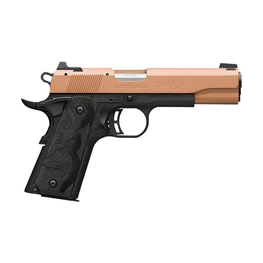 browning 051895490 1911 black label full size frame 22 lr 10+1, 4.25" matte stainless steel barrel, copper cerakote serrated slide, matte black polymer frame w/beavertail, black laminate wood grip Browning 051895490 1911 Black Label Full Size Frame 22 LR 10+1, 4.25" Matte Stainless Steel Sports South item 153078