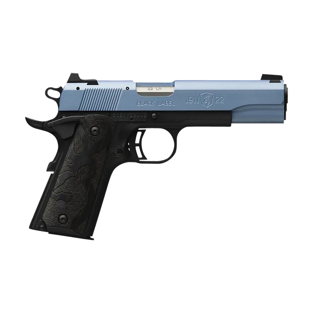 browning 051897490 1911 black label full size frame 22 lr 10+1, 4.25" matte stainless steel barrel, polar blue cerakote serrated slide, matte black polymer frame w/beavertail, black laminate wood grip Browning 051897490 1911 Black Label Full Size Frame 22 LR 10+1, 4.25" Matte Stainless Steel Sports South item 153080