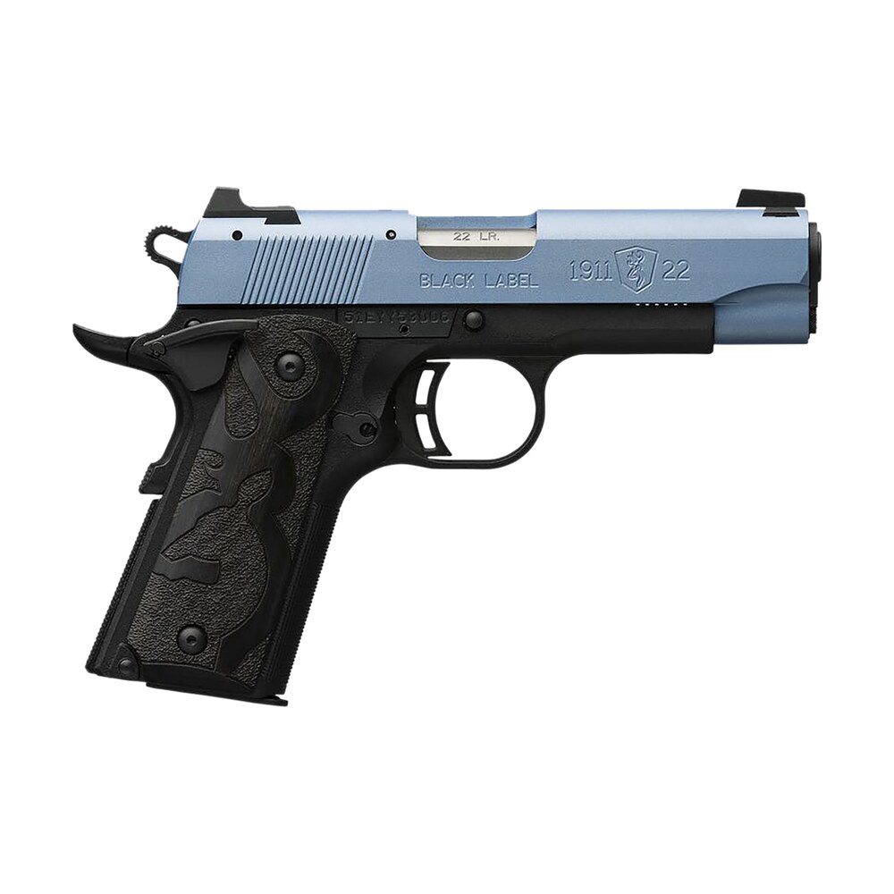 browning 051898490 1911 black label compact frame 22 lr 10+1, 3.63" matte stainless steel barrel, polar blue cerakote serrated slide, matte black polymer frame w/beavertail, black laminate wood grip Browning 051898490 1911 Black Label Compact Frame 22 LR 10+1, 3.63" Matte Stainless Steel Sports South item 153081