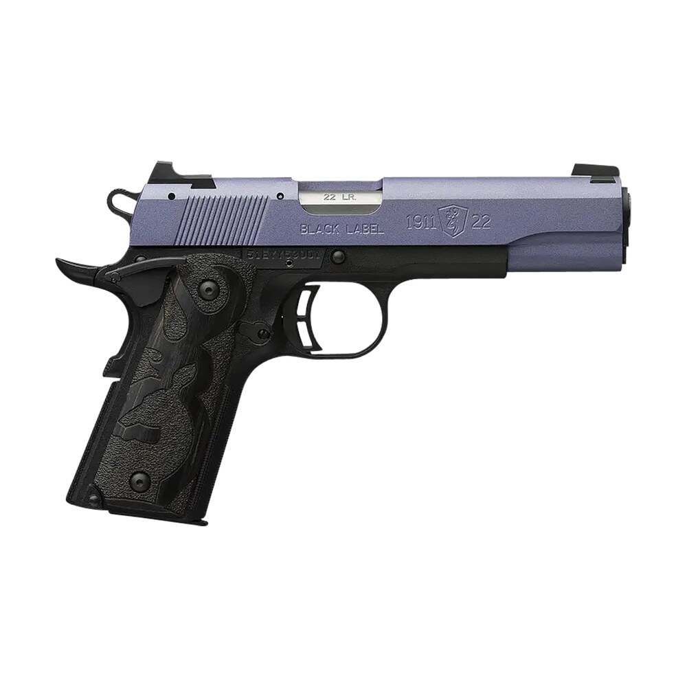 browning 051893490 1911 black label full size frame 22 lr 10+1, 4.25" matte stainless steel barrel, crushed orchid cerakote serrated slide, matte black polymer frame w/beavertail Browning 051893490 1911 Black Label Full Size Frame 22 LR 10+1, 4.25" Matte Stainless Steel Sports South item 153082