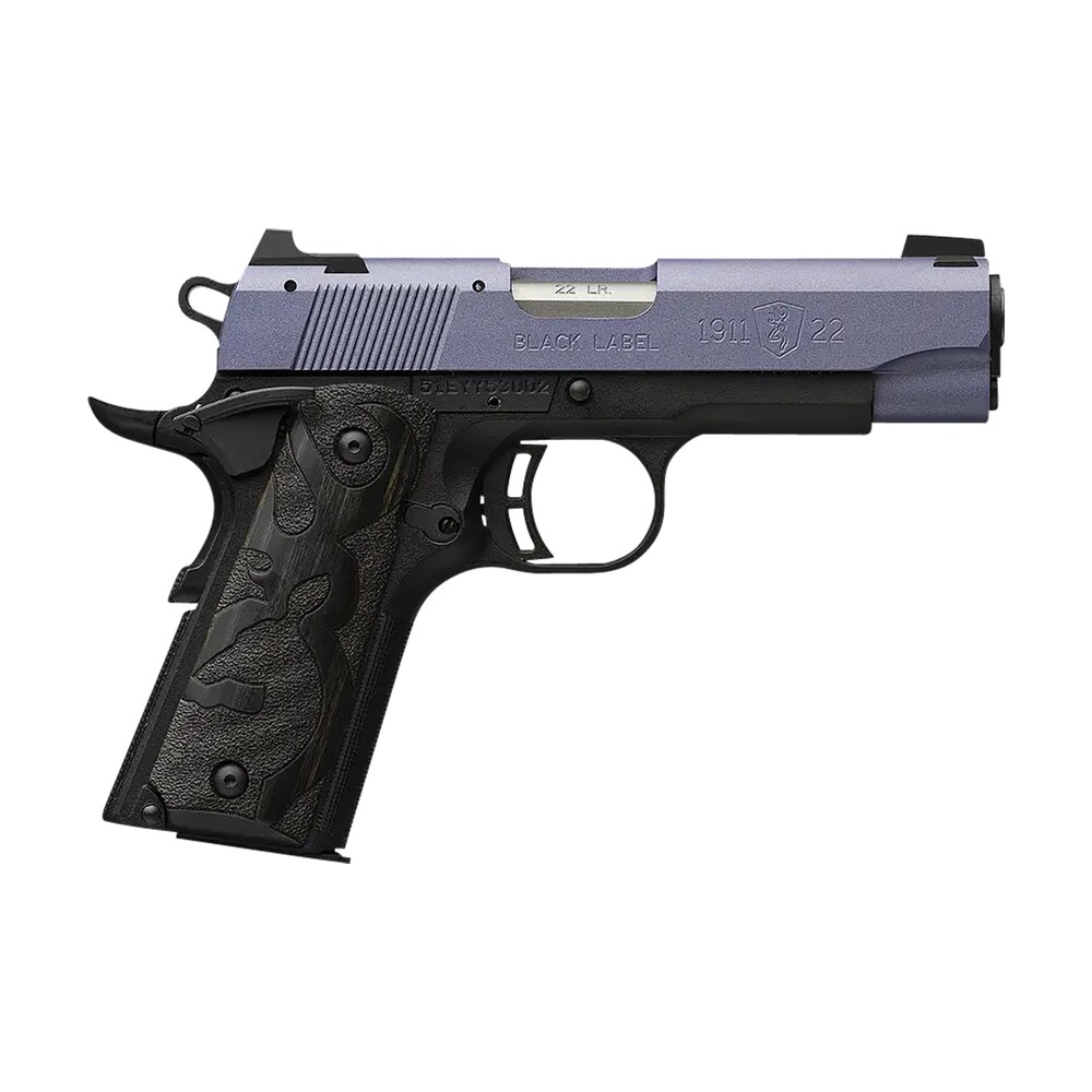 browning 051894490 1911 black label compact frame 22 lr 10+1, 3.63" matte stainless steel barrel, crushed orchid cerakote serrated slide, matte black polymer frame w/beavertail Browning 051894490 1911 Black Label Compact Frame 22 LR 10+1, 3.63" Matte Stainless Steel Sports South item 153083
