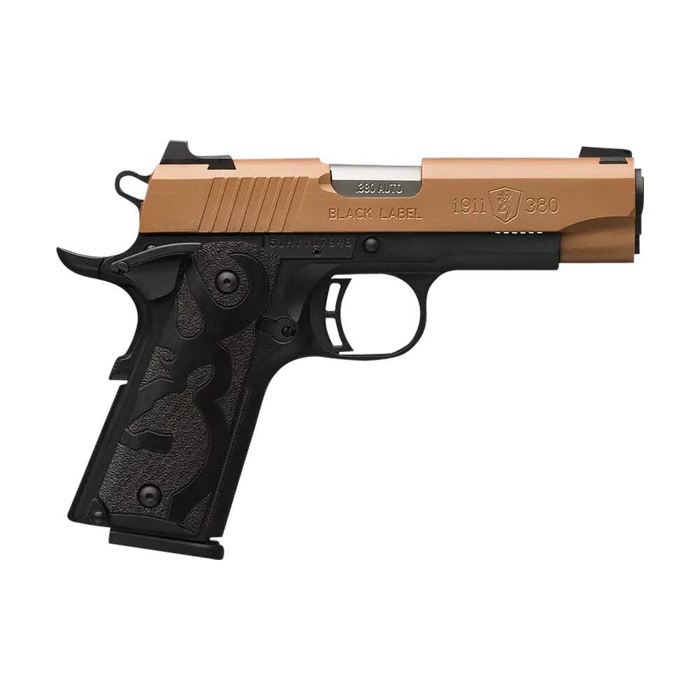 browning 051988492 1911 black label compact frame 380 acp 8+1 3.63" matte stainless steel barrel, copper cerakote serrated stainless steel slide, matte black polymer frame, black polymer grip Browning 051988492 1911 Black Label Compact Frame 380 ACP 8+1 3.63" Matte Stainless Steel Sports South item 153085