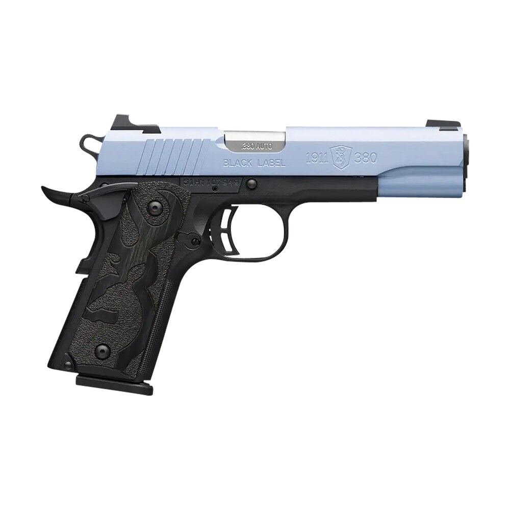 browning 051989492 1911 380 black label full size frame 380 acp 8+1, 4.25" matte stainless steel barrel, polar blue cerakote serrated aluminum slide, matte black polymer frame w/beavertail Browning 051989492 1911-380 Black Label Full Size Frame 380 ACP 8+1, 4.25" Matte Stainless Sports South item 153086