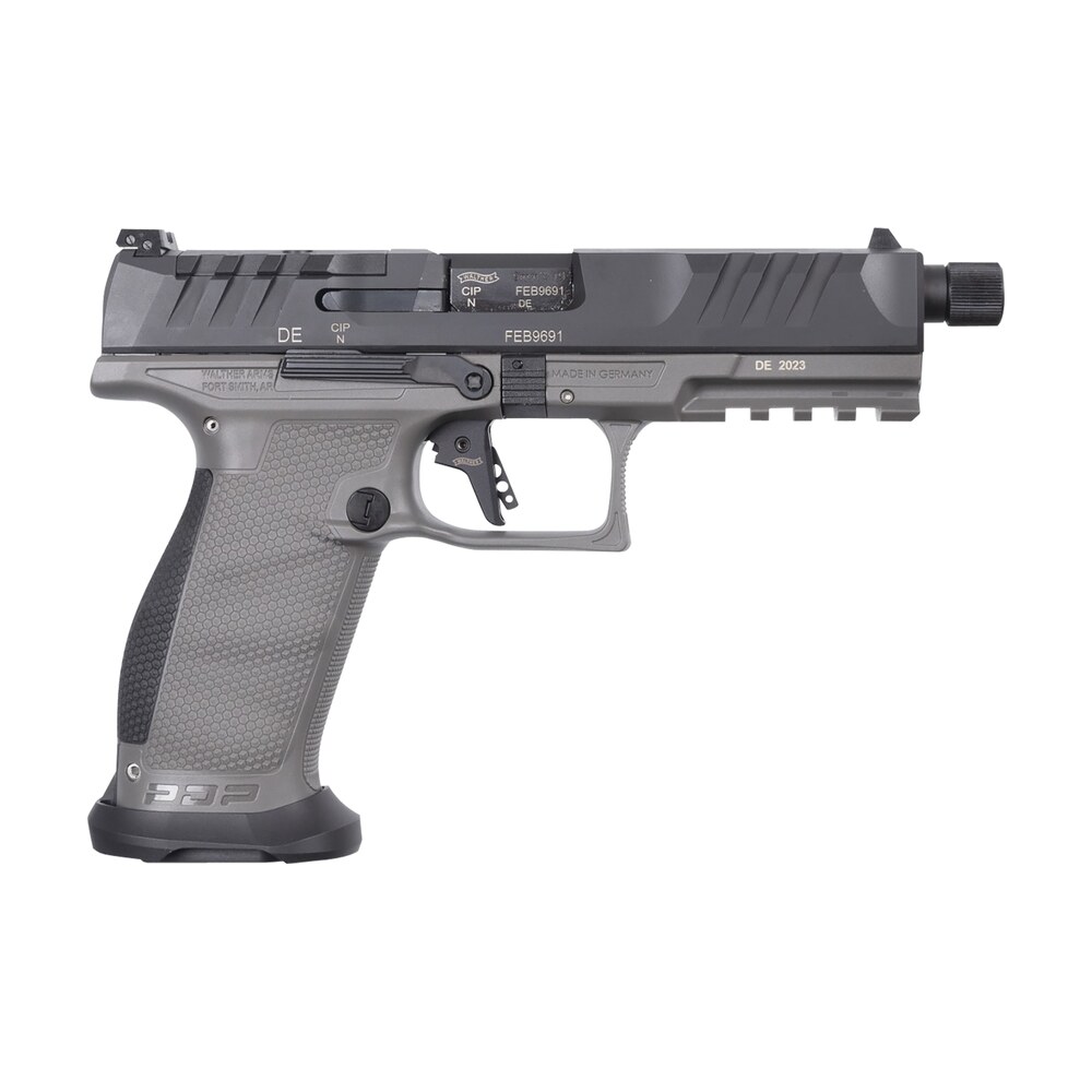 walther arms 2877503 pdp pro sd 9mm luger 18+1 5.10" threaded barrel, black optic cut/serrated slide, tungsten gray polymer frame with pic. rail, performance duty grip, flared magwell Walther Arms 2877503 PDP Pro SD 9mm Luger 18+1 5.10" Threaded Sports South item 153375