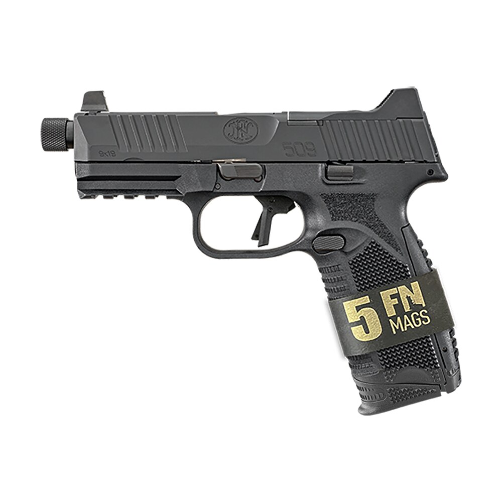fn 66101650 509t bundle full size frame 9mm luger 10+1 4.50" black steel threaded barrel, black optic ready/serrated stainless steel slide, black polymer frame w/picatinny rail 5 magazines/case FN 66101650 509T Bundle Full Size Frame 9mm Luger 10+1 4.50" Black Steel Threaded Sports South item 153548
