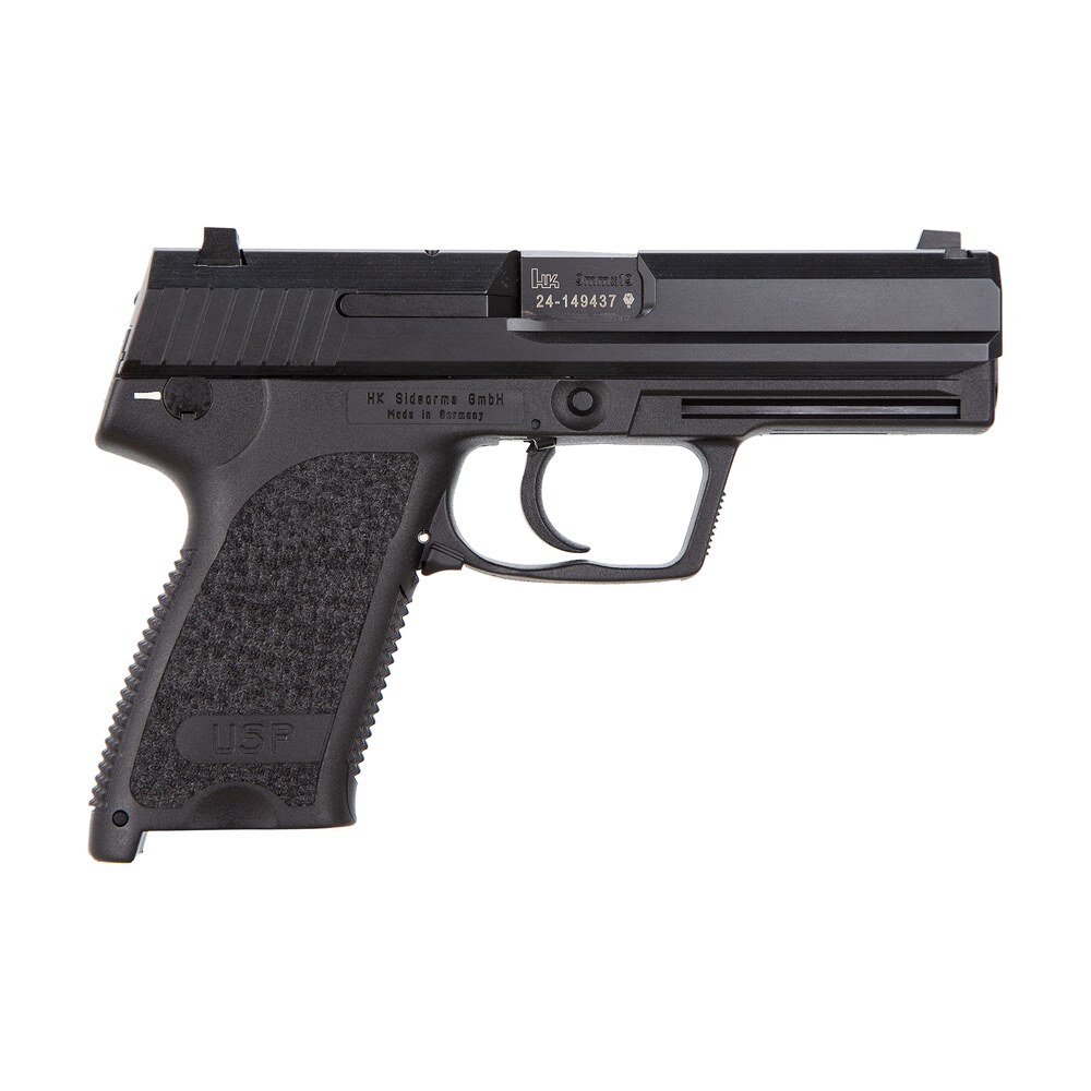 hk 81000307 usp v1 sa/da 9mm luger caliber with 4.25″ barrel, 15+1 capacity, overall black finish, serrated trigger guard frame, serrated steel slide & polymer grip includes 2 mags HK 81000307 USP V1 SA/DA 9mm Luger Caliber Sports South item 15385