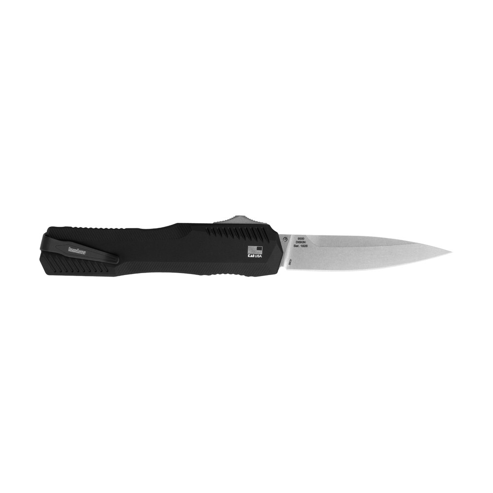 kershaw 9000 livewire 3.30" otf spear point plain stonewashed cpm 20v ss blade/ textured black anodized aluminum handle includes pocket clip Kershaw 9000 Livewire 3.30" OTF Spear Point Plain Stonewashed CPM 20V SS Blade/ Textured Black Sports South item 154284