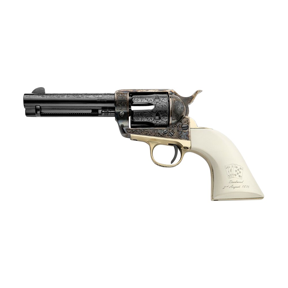 pietta gw357dmh434nmae great western ii deadman's hand 357 mag 6rd 4.75" blued octagon steel barrel & cylinder, color case hardened steel frame, white polymer w/aces & eights grip, exposed hammer Pietta GW357DMH434NMAE Great Western II Deadman's Hand 357 Mag 6rd 4.75" Blued Octagon Steel Sports South item 154518