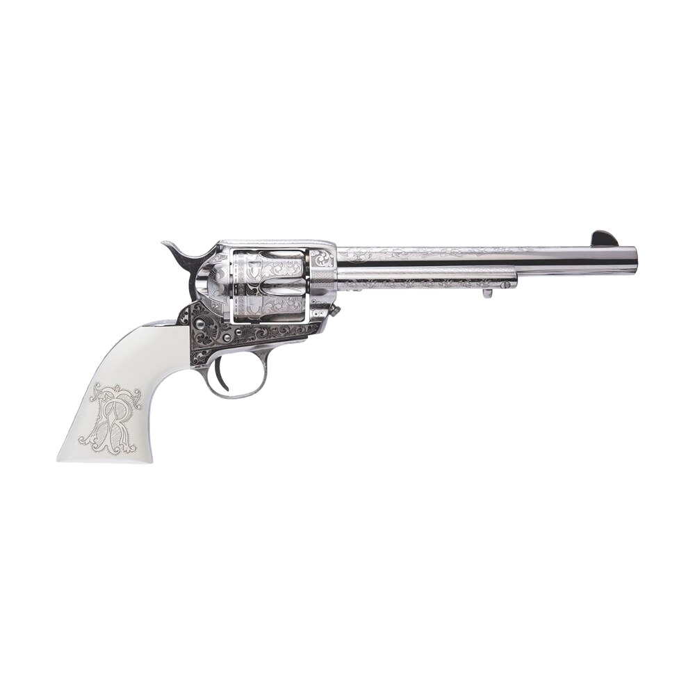 cimarron pp415lntrii teddy roosevelt frontier 45 colt (lc) 6 shot 7.50" nickel plated engraved barrel, cylinder & frame, white w/laser engraved "t.r." grip Cimarron PP415LNTRII Teddy Roosevelt Frontier 45 Colt (LC) 6 Shot 7.50" Nickel-Plated Engraved Sports South item 154527