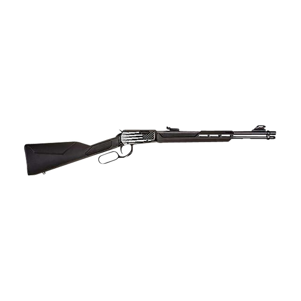 rossi rl22w201syen18 rio bravo full size, lever action 22 wmr 12+1, 20" polished black steel barrel, polished black w/lighting us flag engraving steel receiver, black fixed stock, right hand Rossi RL22W201SYEN18 Rio Bravo Full Size, Lever Sports South item 154822
