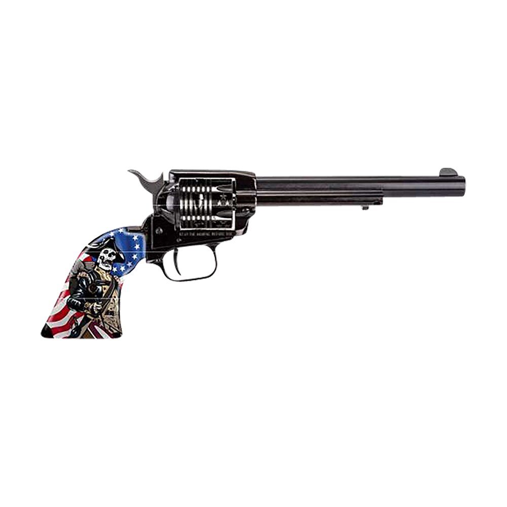 heritage mfg rr22b6ecss rough rider independence day 22 lr 6 shot 6.50" black oxide barrel & frame, black oxide w/engraved us flag cylinder, custom designed us flag w/soldier grips Heritage Mfg RR22B6ECSS Rough Rider Independence Day 22 LR 6 Shot 6.50" Black Oxide Barrel Sports South item 154825