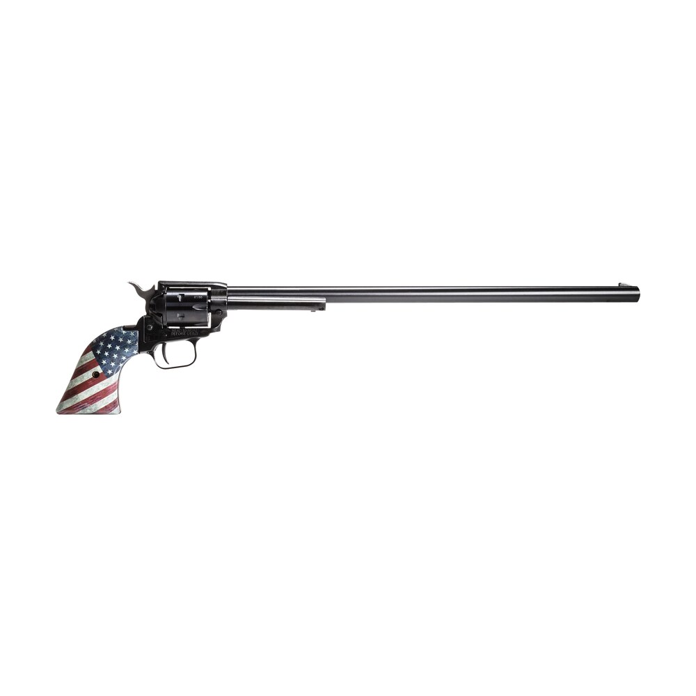 heritage mfg rr22b16usflag rough rider 22 lr 6 shot, 16" black oxide steel barrel, black oxide zinc alloy frame, black oxide cylinder, us flag grip, manual safety, exposed hammer Heritage Mfg RR22B16USFLAG Rough Rider 22 LR 6 Shot, 16" Black Oxide Steel Sports South item 155199