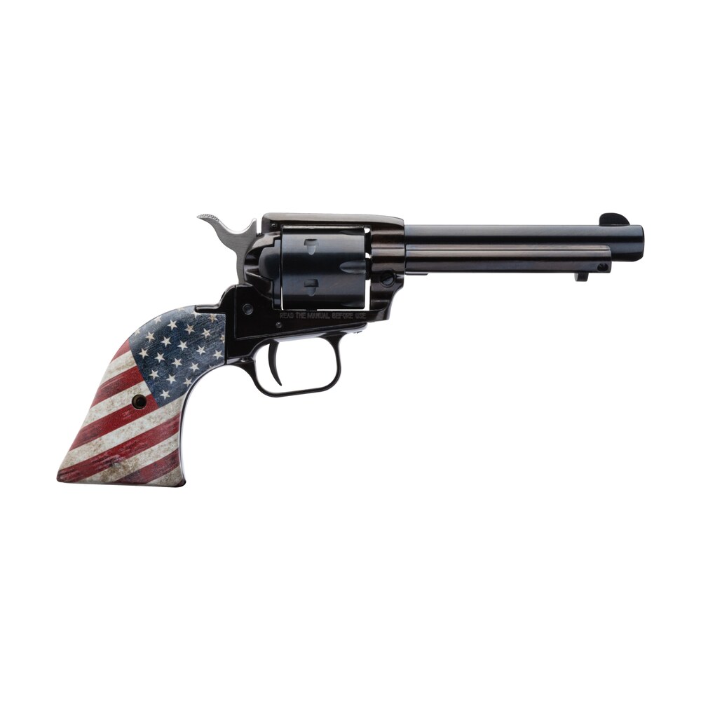 heritage mfg rr22b4usflag rough rider 22 lr 6 shot, 4.75" black oxide steel barrel, black oxide zinc alloy frame, black oxide cylinder, us flag grip manual safety, exposed hammer Heritage Mfg RR22B4USFLAG Rough Rider 22 LR 6 Shot, 4.75" Black Oxide Steel Sports South item 155202